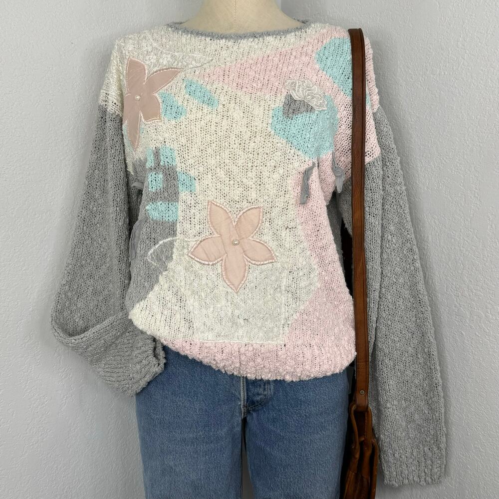 Vintage 80s 90s Pastel and Gray Oversized Sweater